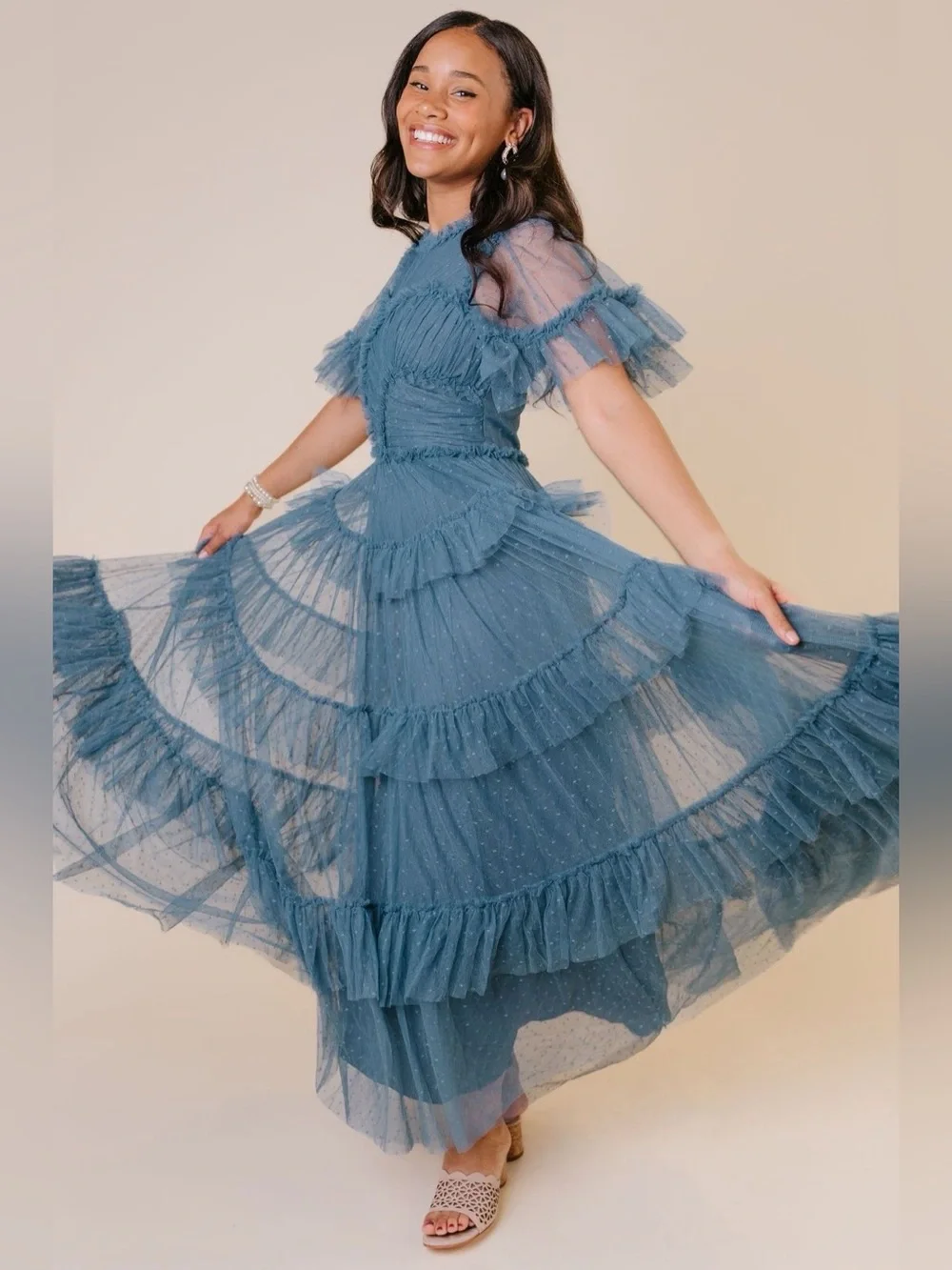 Ivy City Co Slate Blue Whimsical Ruffled Tulle Midi Formal Dress - Picture 2 of 14